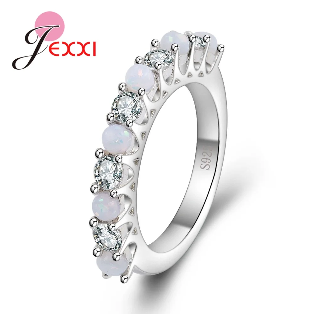

JEXXI Cute Single Row White Fire Round Opal Rings for Women Vintage 925 Sterling Silver Filled CZ Rings Fashion Jewelry Gift