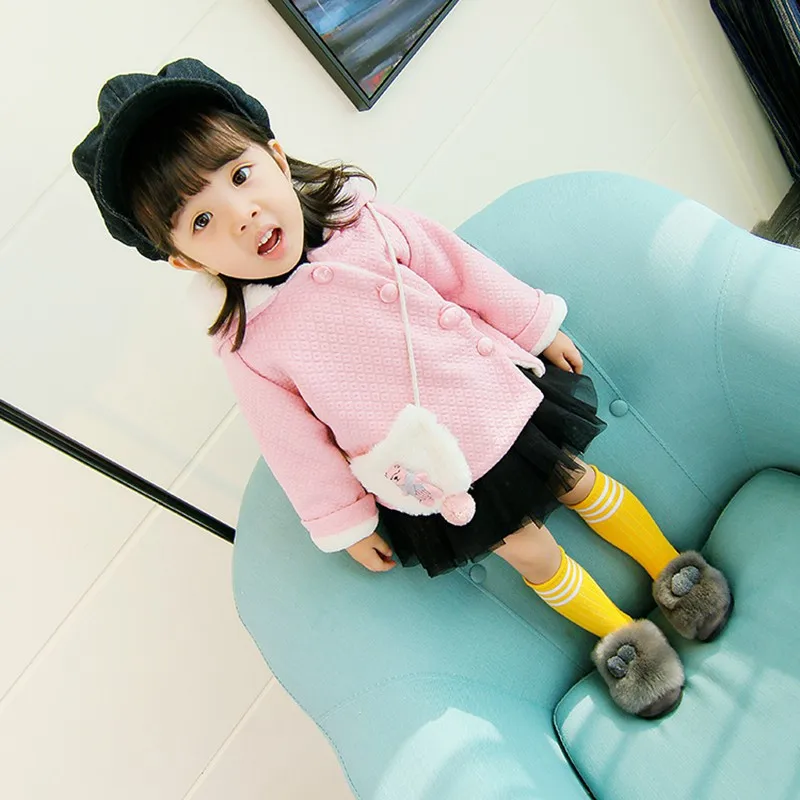 Baby girl Coat In Autumn and winter  Pure color dots Little bear bag Hooded jacket for Kids Children  (16)