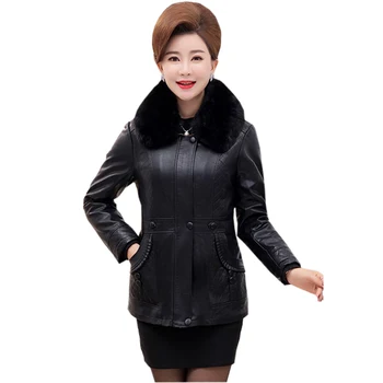 

Women Fur Collar Faux Leather Jacket Coat Pu Leather Warm Outwear Slim Thick Parka Female Jacket 2017 Winter Plus Size RE0156