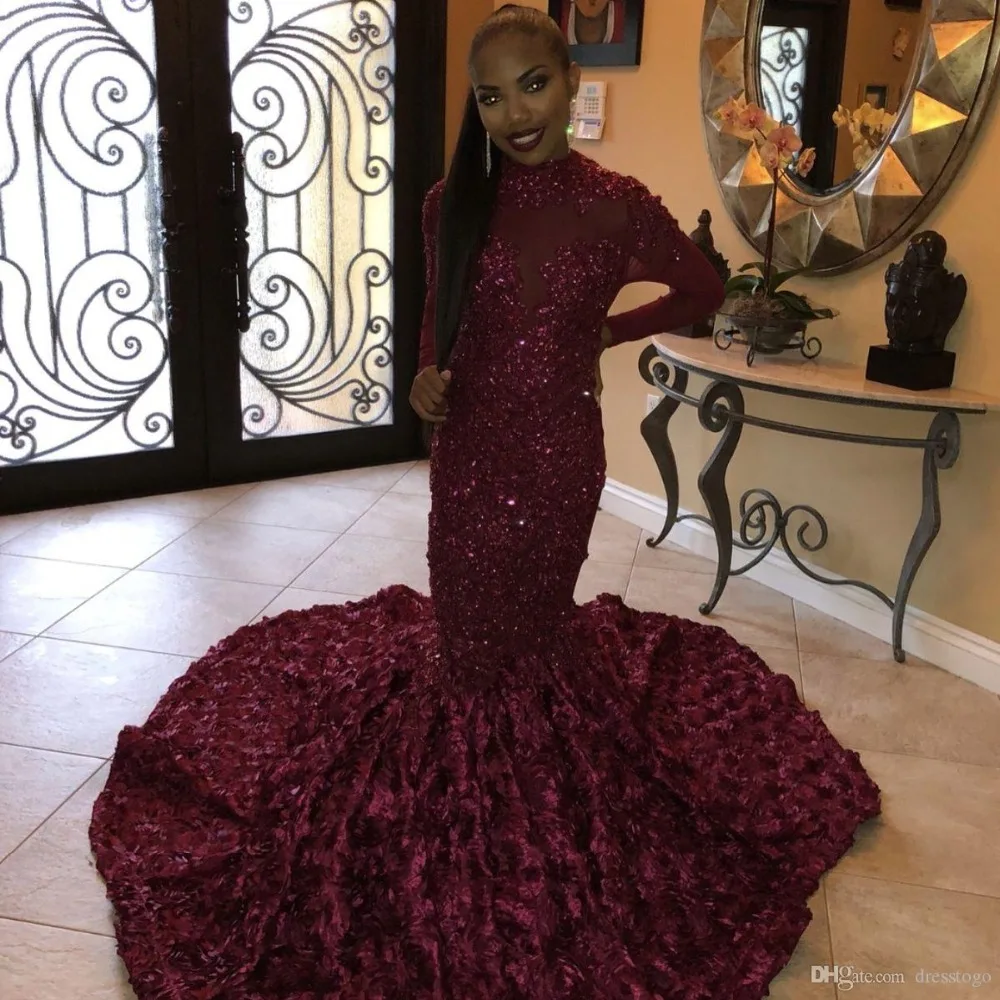 Винтажные бордовые Выпускные платья русалки 2020 с высоким воротом и длинными рукавами с 3d цветами ручной работы Вечерние платья Robe De Soiree