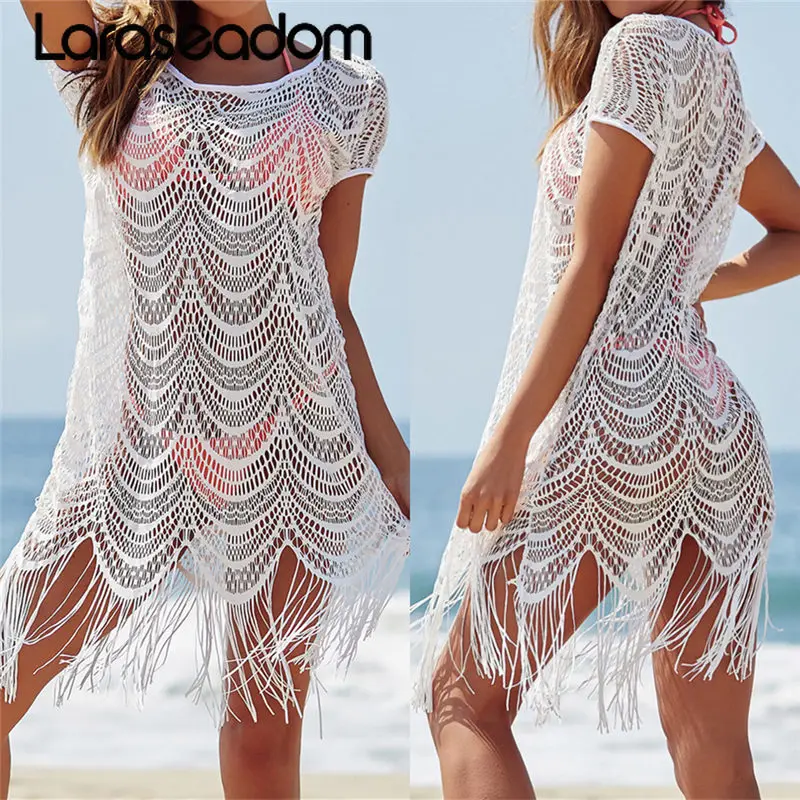 

White Lace Cover Ups Tassel Swimwear Summer Sexy Bikini Pareo Beach Cover Ups Beachwear Women Dress Bathing Suit Cover up