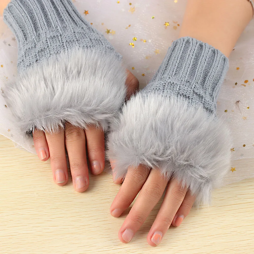

1 Pair Fashion Women Faux Rabbit Fur Hand Wrist Knitted Fingerless Gloves Autumn Winter Warmer Mittens Christmas Gifts