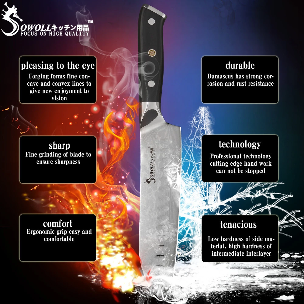 Sowoll 7 дюймов нож Santoku Дамасская сталь острое лезвие Нескользящая ручка фрукты