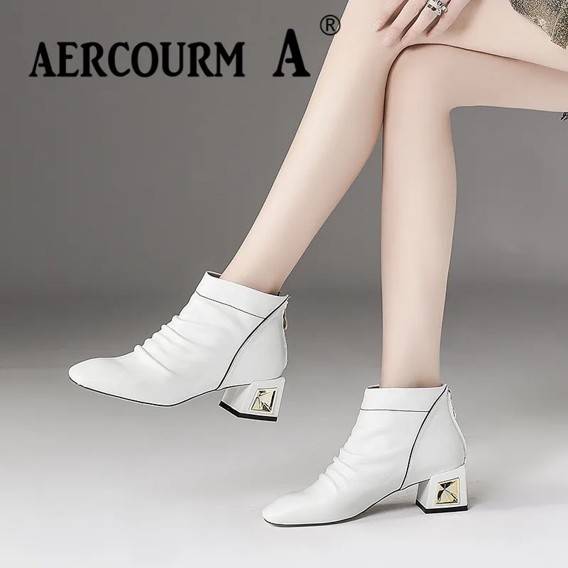Aercourm A 2019 г. Для женщин сапоги зимние ботильоны Для женщин на среднем каблуке сапоги из натуральной кожи короткие плюшевые ботинки складные