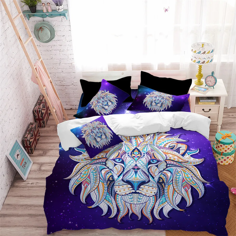 3D Lion Bedding Set Colorful Animal Print Duvet Cover Set Purple Galaxy