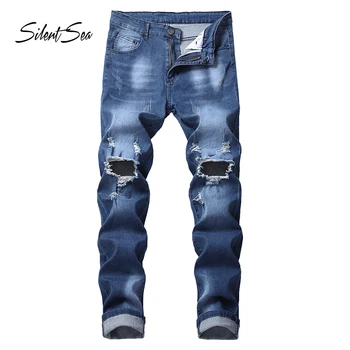 

Silentsea Men Jeans Fashion Stretch Joggers Hip Hop Denim Jogger Pants Knee Hole Teenager Boy Trousers For Male Big Size