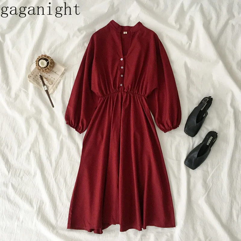 

Gaganight Women Autumn New Retro Maxi Dress Solid Long Sleeve V Neck Office Ladies Dresses Plus Size Korea Style Sashes Vestidos