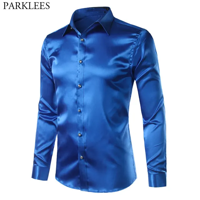 Royal Blue Slim Fit Silk Satin Shirt Men 2018 Brand New Long Sleeve