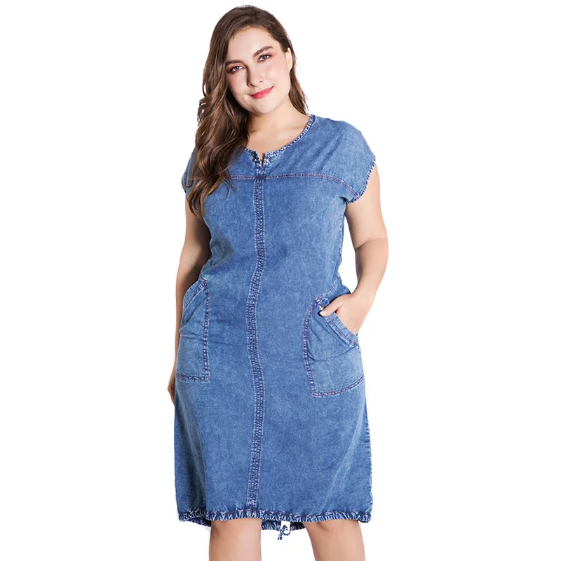 Женское летнее джинсовое платье больших размеров 4XL 5XL 6XL с круглым вырезом и карманами, большие размеры, большие карманы, джинсы, летнее синее платье ZPZ415