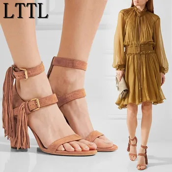 

LTTL Tassel Sandals Femme Gladiator Sandals Women Summer Shoes Buckle Strap Sandals Women High Heels Sexy Fringe Sandalias Mujer