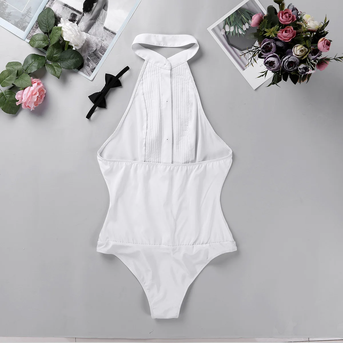 Elegant Bodysuits Women Office Lady White Body Shirt Sleeveless  Wing Tip Collar Backless Tuxedo Shirt Bodysuit with Bow Tie black body suit