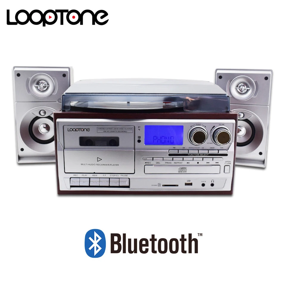 Reproductor de mesa giratoria Bluetooth de 3 velocidades de vinilo + reproductor de Cassette + repr