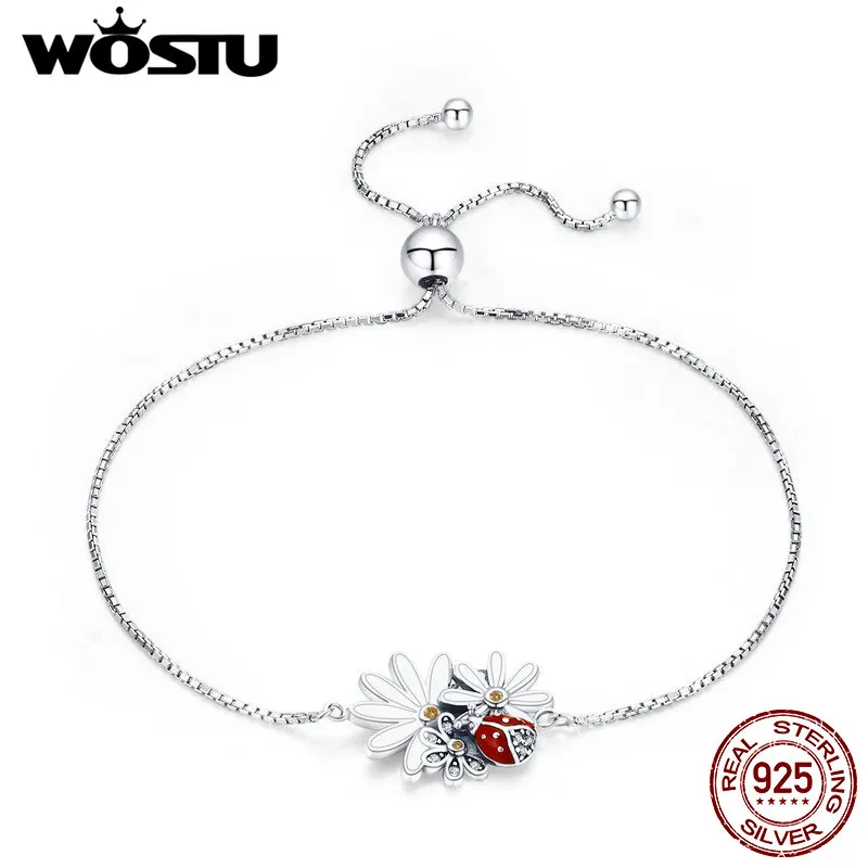 

WOSTU Silver Bracelet for Women Dazzling Clear CZ Stone Enamel Flower Ladybug Insects Adjustable Jewelry Gift 2019 Bijoux BKB101