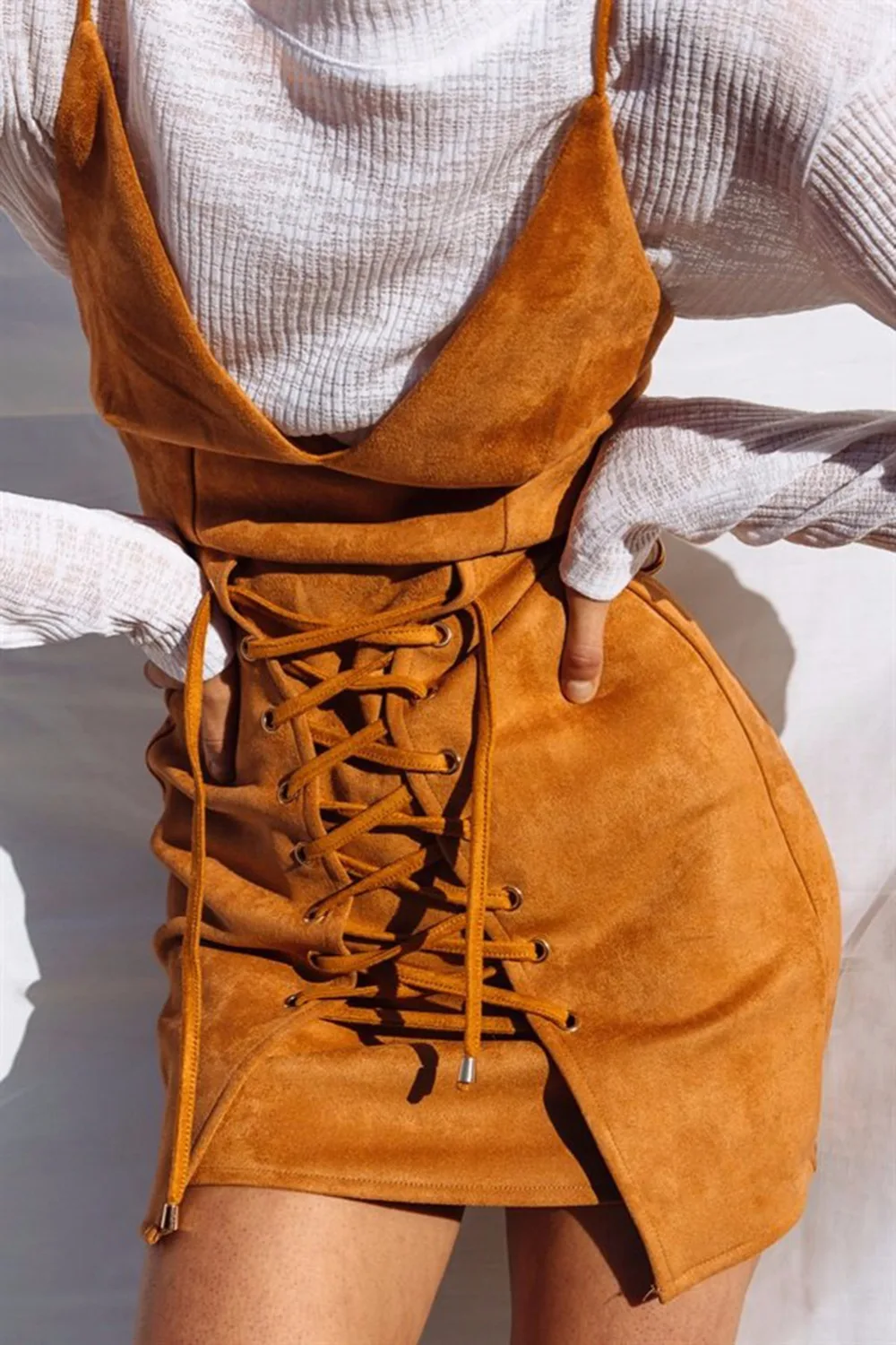 Women Suede Leather Strap Dress Winter Sexy lace up high waist