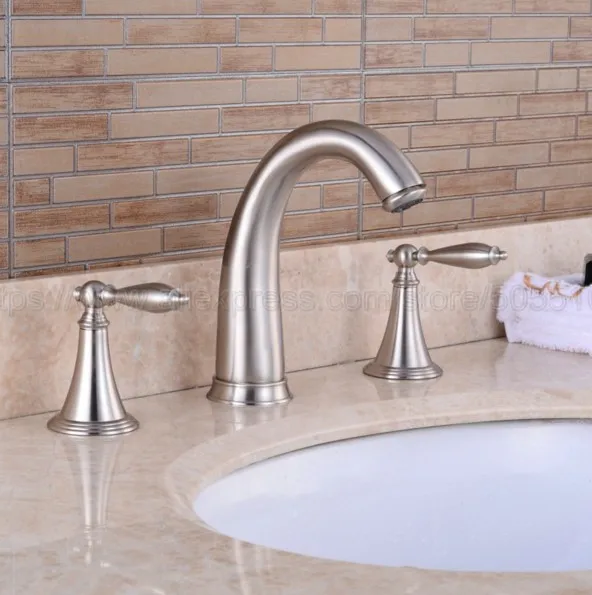 Brushed Nickel 3 Holes Double Handle Bathroom Sink Faucet Bathbasin Bathtub Taps Hot Cold Mixer Water znf039
