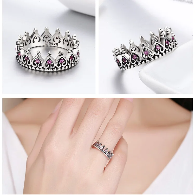 WOSTU стерлингового серебра 925 романтические штабелируемые Корона сердце розовый CZ кольца для женщин изысканное Серебряное украшение Anel подарок DXR257