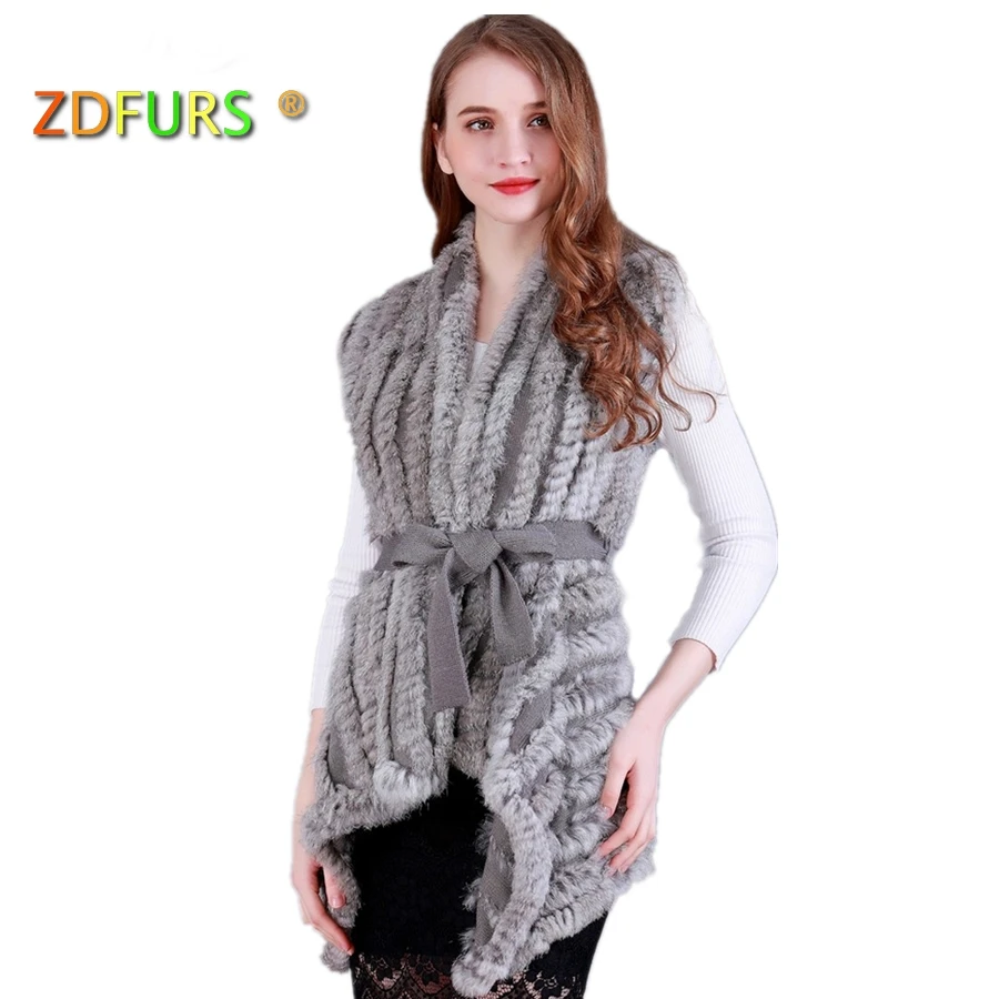 

ZDFURS * Women Genuine Knitted Rabbit Fur Vests with belt sweater Waistcoat wholesale drop shipping