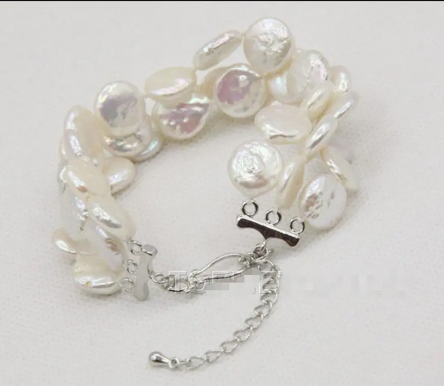 

Free Shipping >>>>>7"-9.5" 3row 12mm coin fastener white pearls bracelet E2697