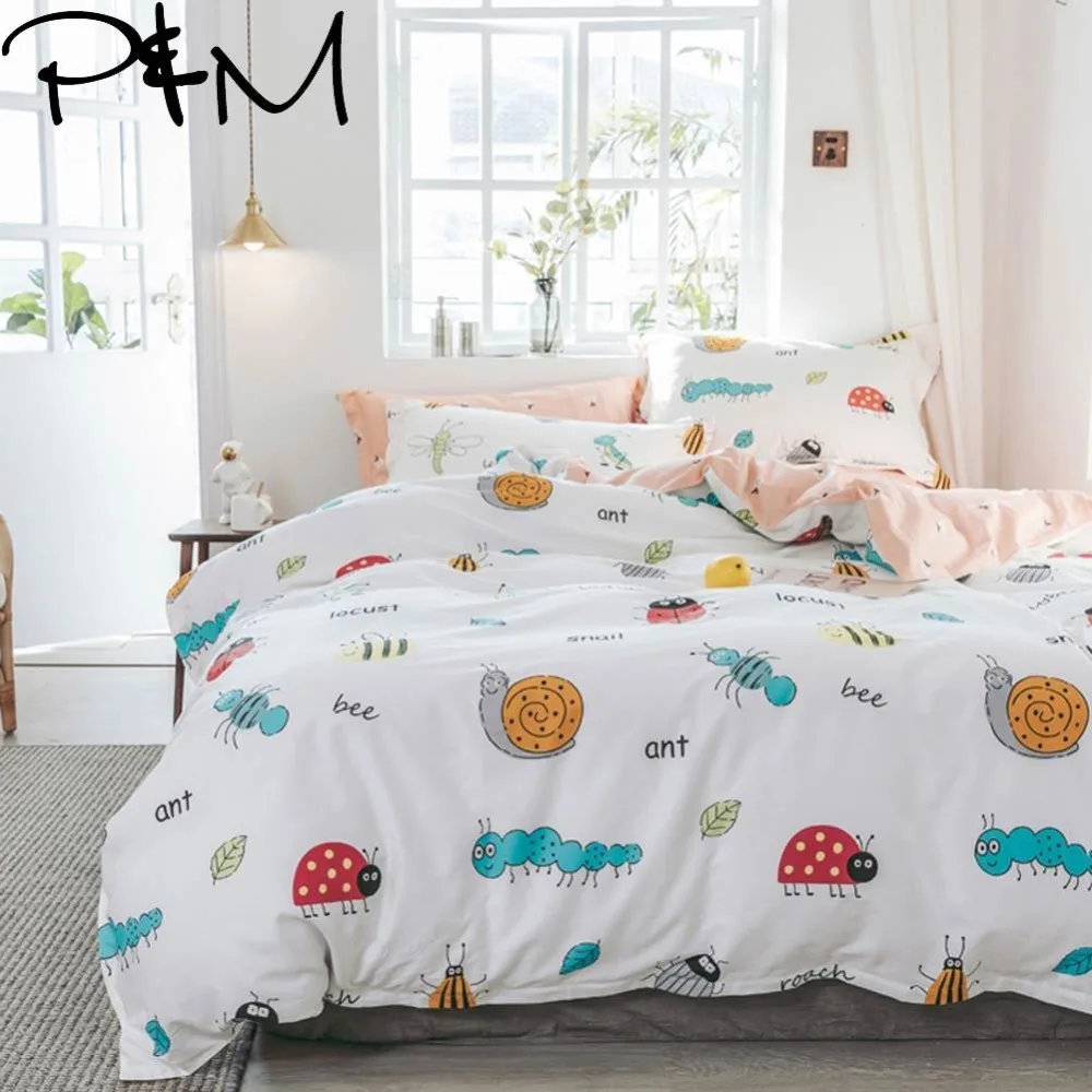 

PAPA&MIMA Cartoon style Small insects print bedding sets cotton Twin Queen Size duvet cover bedsheet pillowcases drop shipping