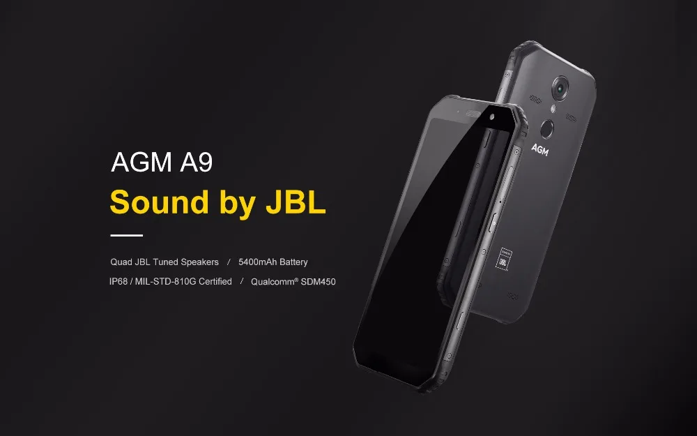 AGM A9 JBL Co-Branding 5,99 дюймов ram 4 Гб Android 8,1 прочный мобильный телефон 5400 мАч IP68 водонепроницаемый смартфон Quad-Box динамики NFC