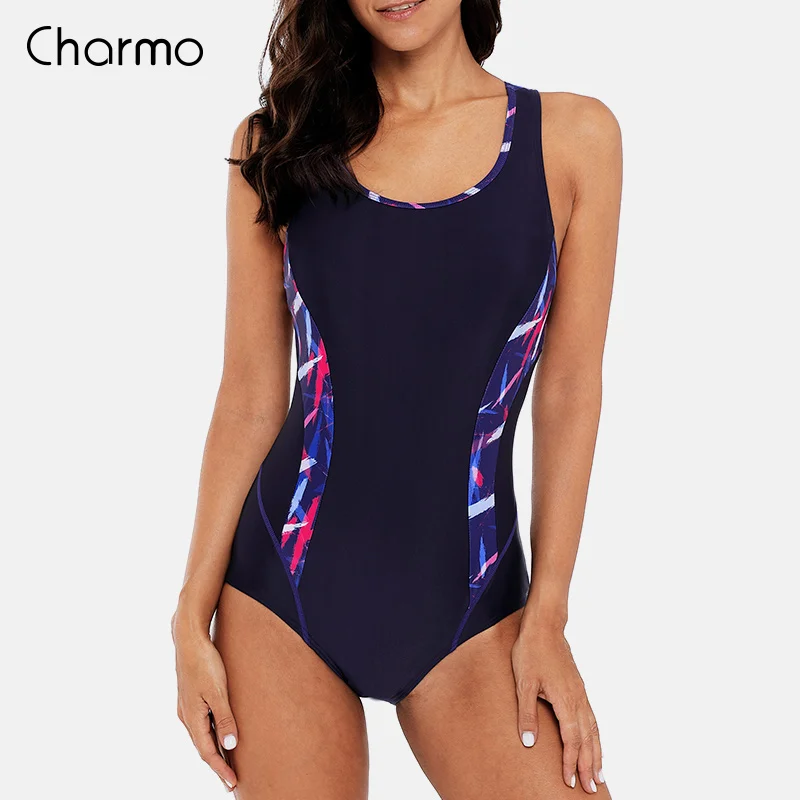 Charmo, сдельный женский спортивный купальник Спортивная одежда для плавания, цветной монокини с принтом, пляжный купальный костюм, бикини, фитнес-боди