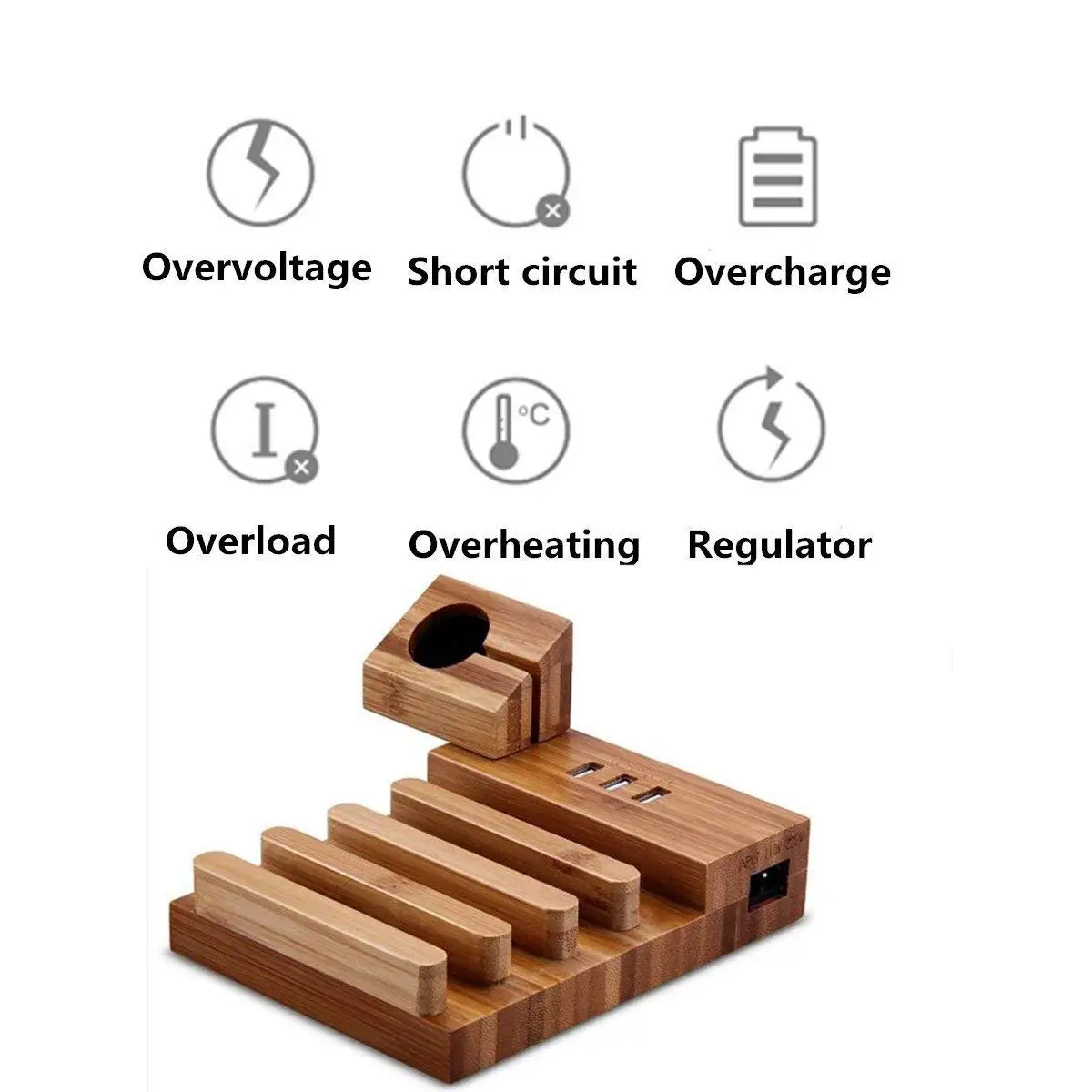 Usb зарядная станция из бамбукового дерева, зарядное устройство для планшета, мульти usb зарядная док-станция, Магнитная подставка для часов, 3 usb порта, 5 В/3 А для телефона