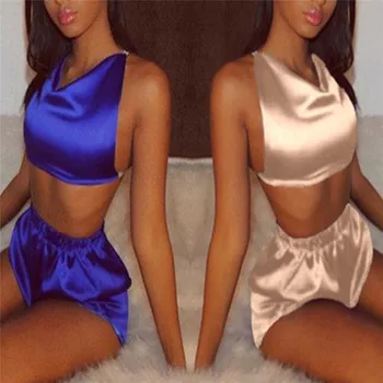 

Blue Champagne V Neck Sexy Set Sleepwear Summer Women Set Sleeveless Satin Halter Cami And Shorts Pajama Set