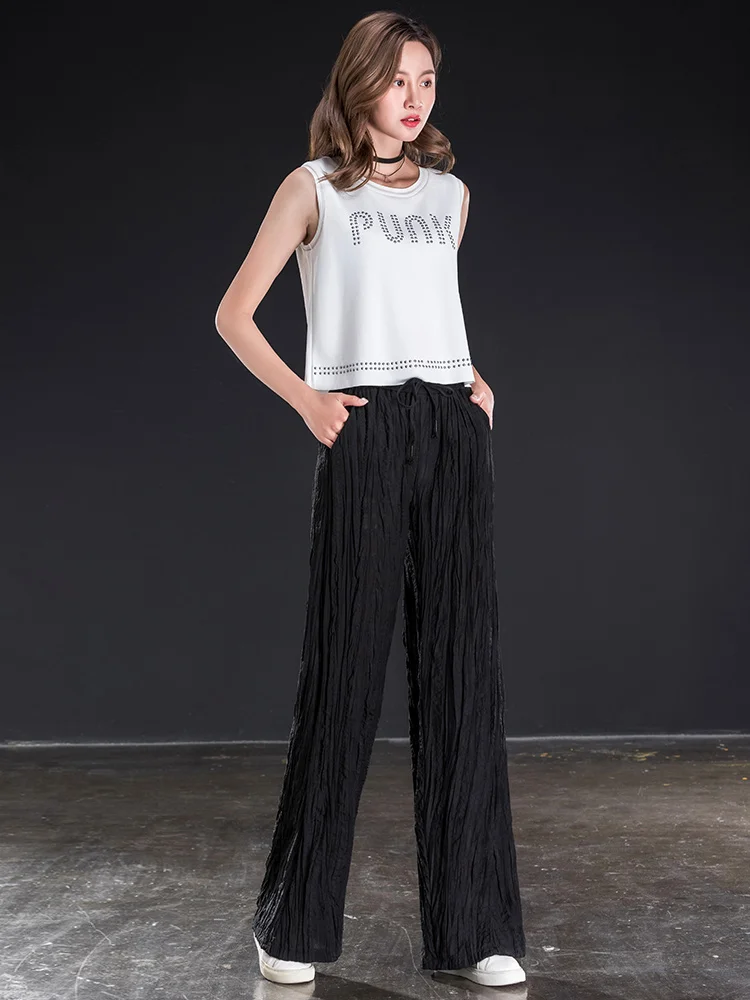 

shangege Black Tencel Wide Leg Pants Women's Thin Loose High Waist New Casual Pants Large Size Pants Elastic Waist Joker Pants