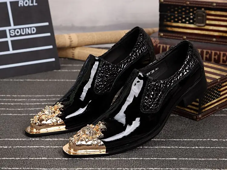 

male metal tip pointed toe black patent leather slip on oxfords men evening wedding party dress shoes free shipping plus size