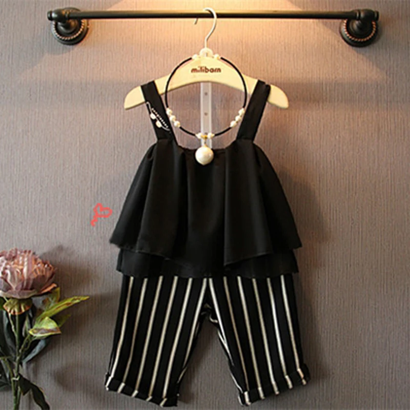 

2017 Spring Summer Girls Children Clothing Harness Shirt + Stripe Trousers for Child Baby Girl Casual Kids Clothes