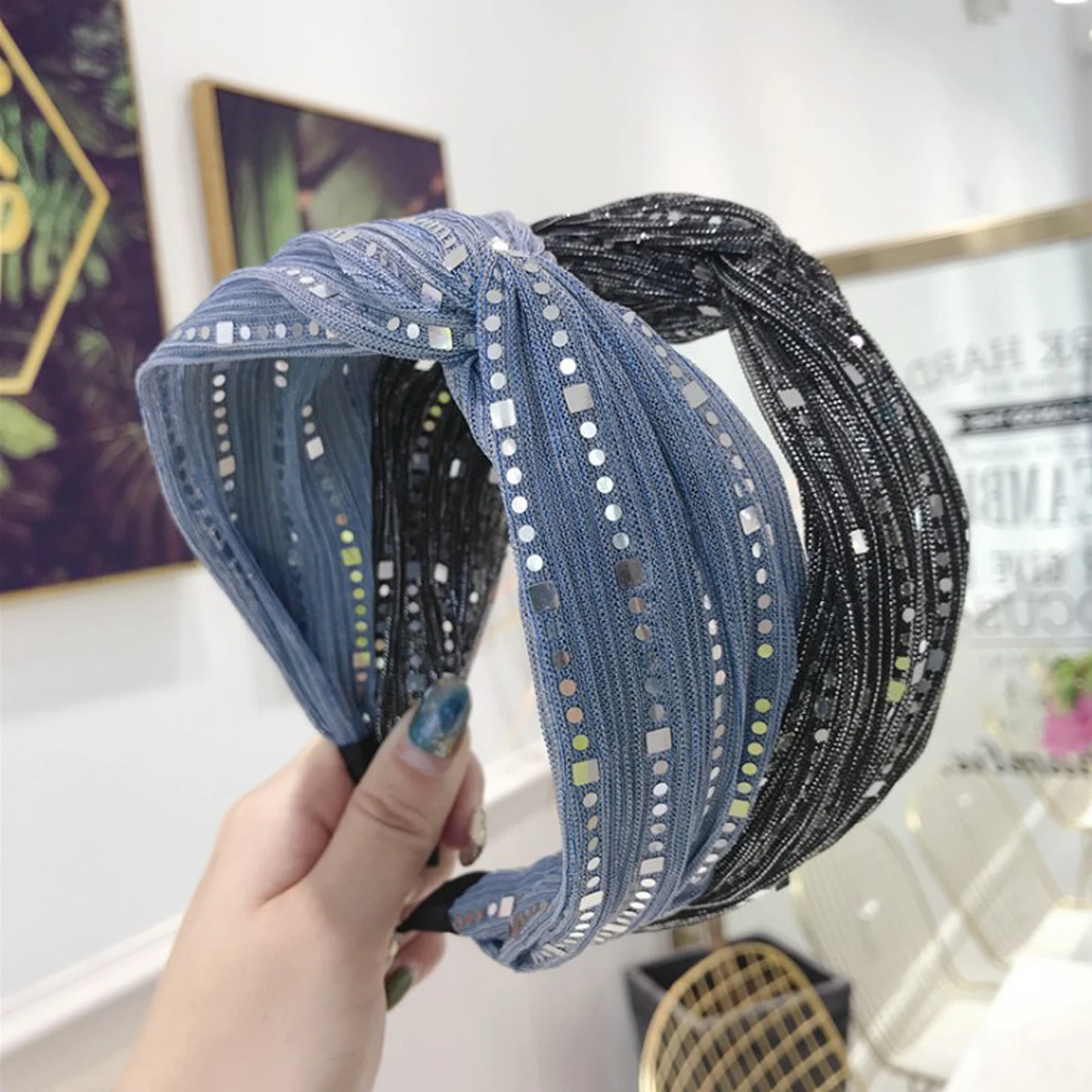 

New Fashion Women Adult Hairband Hair Accessories Wide Shipping Sequin Embellishment Adult Hair Band Cross Knot Turban