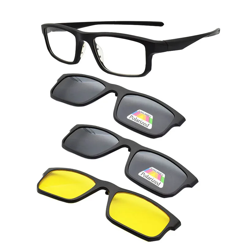 Полная оправа, мужские очки в спортивном стиле, оправа с магнитным зажимом, ультра-светильник, 3D очки, поляризованные солнцезащитные очки, очки ночного видения - Цвет оправы: Black with 3 clips