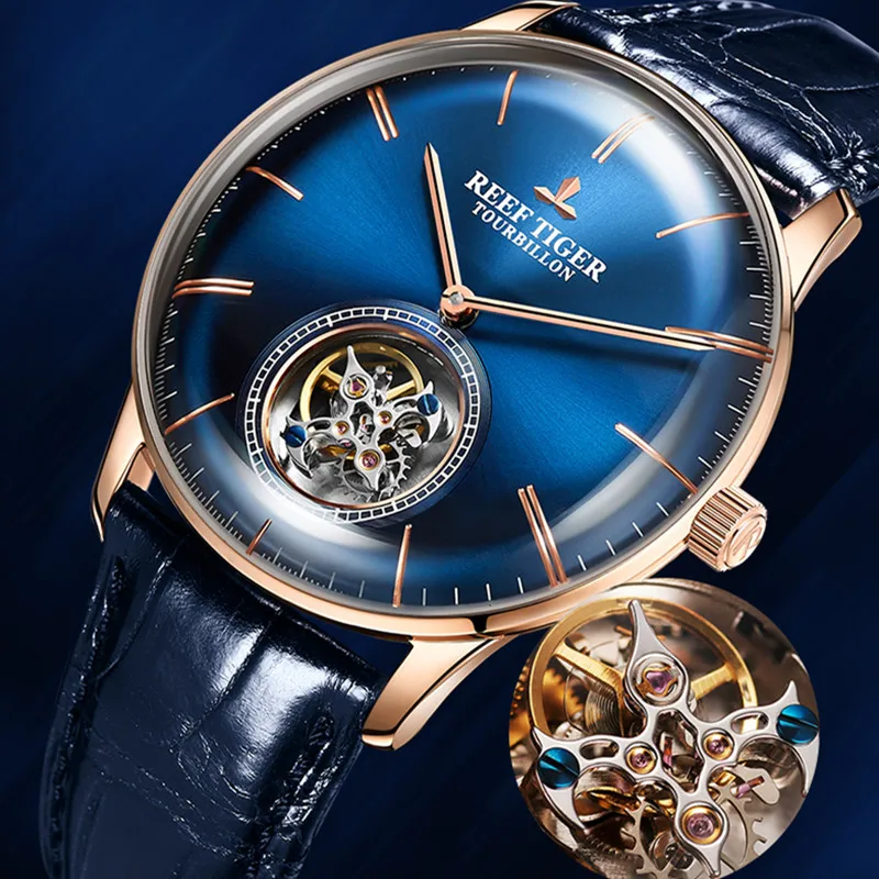 Reef Tiger брендовые модные механические Водонепроницаемые турбийон часы мужские деловые синие кожаные автоматические часы reloj hombre RGA1930