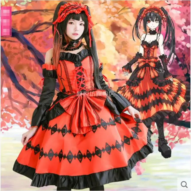 

Anime DATE A LIVE COSPLAY Tokisaki Kurumi COS Halloween Party Cosplay Lolita goth Dress+Headdress+Bow+Sleeve+Collar+Socks Sets