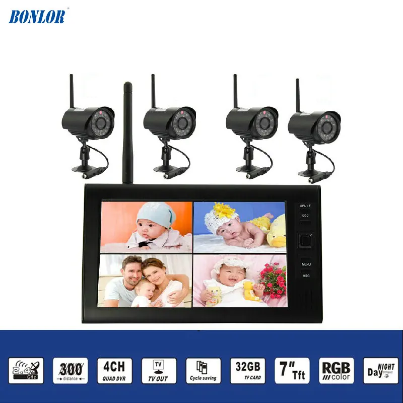 2.4Ghz Wireless Baby Monitor Kit Concluding 4Ch Digital Waterproof Bullet Camera and 7inch TFT LCD Monitor with QUAD Display 2.4Ghz Wireless Baby Monitor Kit Concluding 4Ch Digital Waterproof Bullet Camera and 7inch TFT LCD Monitor with QUAD Display