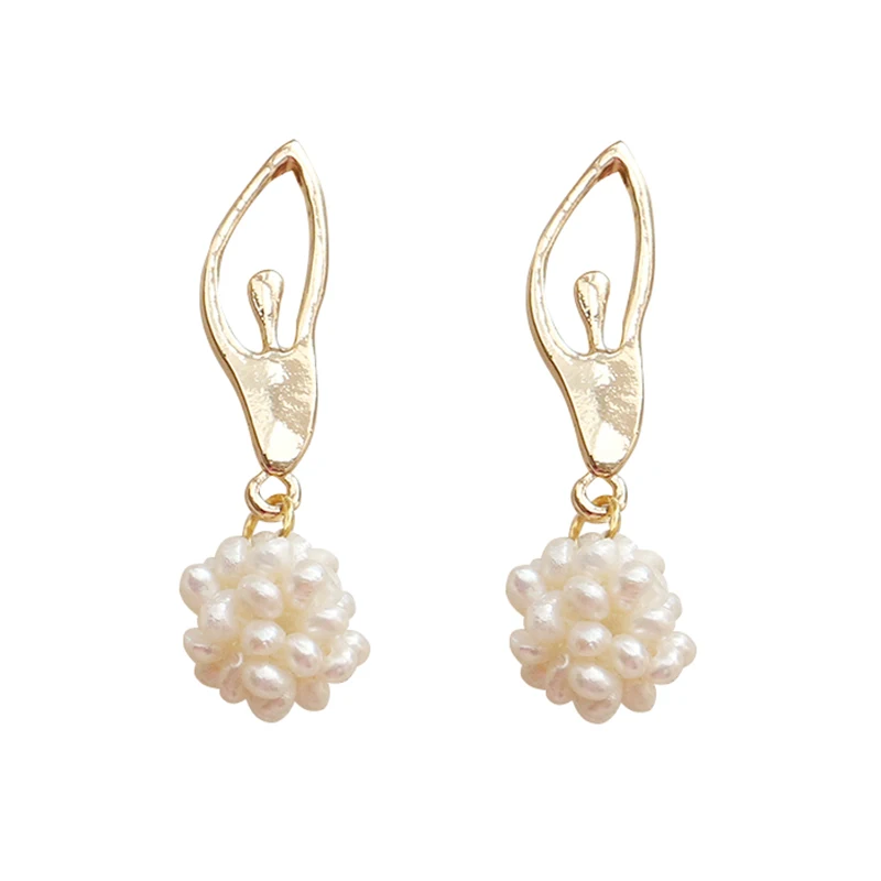 

SRCOI Trendy Gold Color Metal Dancer Ballet Dream Rice Small Pearl Ball Stud Earrings Minimalist Figure Wedding Earrings Women