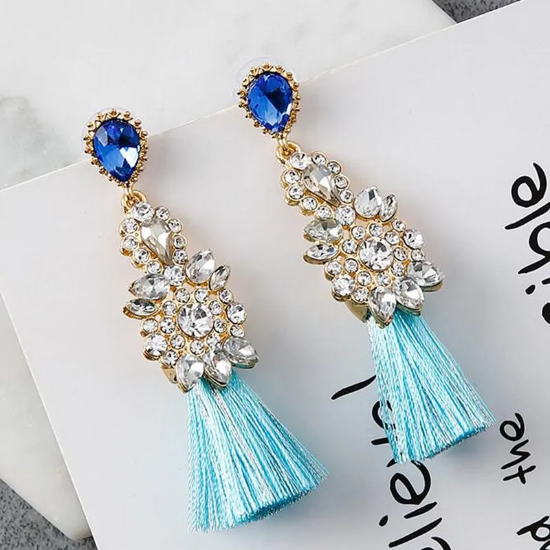 AE-CANFLY Full Rhinestone Long Thread Tassel Earrings Temperament oorbellen Big Statement Earring Fashion Jewelry EX551 - Окраска металла: blue