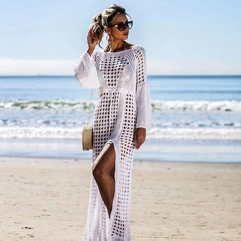 

Women Knitting Cover Up Solid Hollow Out Summer Boho Loose Casual Knitted Swimsuit Coverups Summer Beachwear Sundress 2019