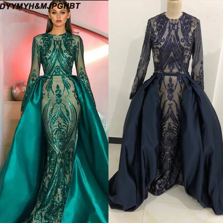 

Luxury Dark Green Evening Dresses 2019 Abendkleider Sequined Long Sleeve Prom Gown With Detachable Train Customer Made