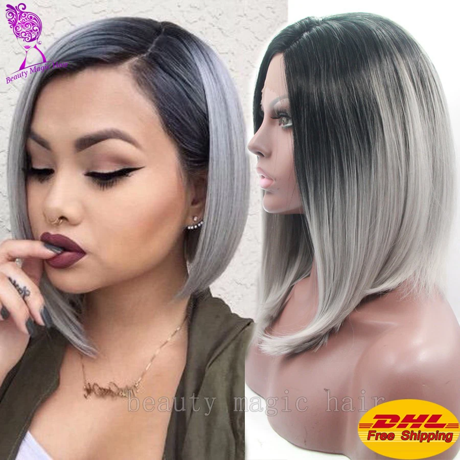 Hot Sale Grey Ombre Synthetic Lace Front Wig 2 Tone Ombre Silver