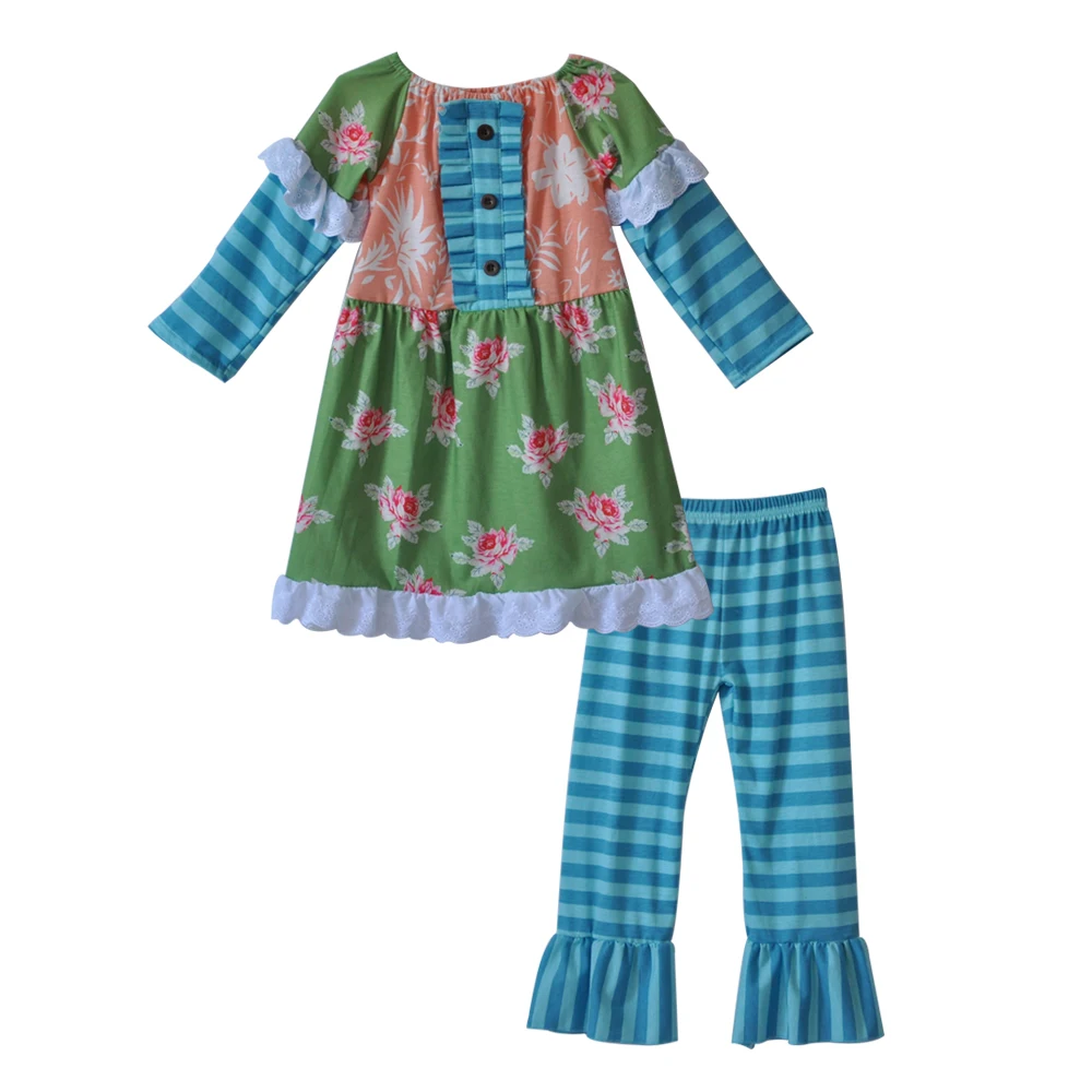

Factory Price Children Fall Outfits Green Print Kids Top Newborn Ruffle Blue Striped Leggings Girls Boutique Clothing Sets F154
