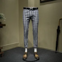 Мужские брюки 25% хлопок 10% лен синий плед укороченные брюки slim fit Мужской Костюм Уличная летняя новое поступление Свадебный Жених