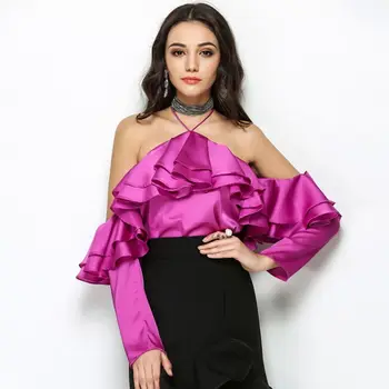 

Sexy Open Shoulder Halter OL Office Blouse 2017 women Purple Ruffles Backless shirt feminino top Korea Style LT345