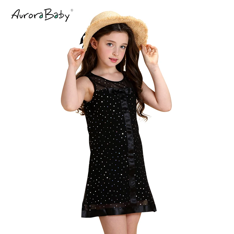 AuroraBaby Girls Black Dresses Cute Bowknot Sequined Decoration Dress