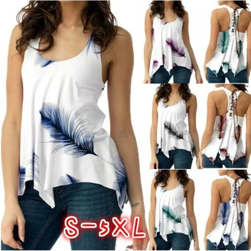 

Large Size Feather Print Sleeveless T-shirt Vest Tank Sexy Backless Casual O Neck Women Summer Irregular Vest T Shirt Tops Tees