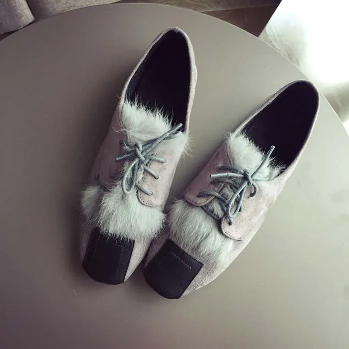 

SWYIVY Square Toe Flats Shoes Woman Rabbit Fur OL Footwear 2018 Female Elegent Casual Shoes Autumn Winter Fur Velvet Warm Falts