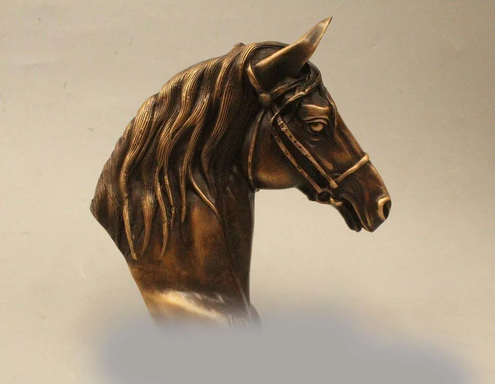 

8" Chinese Folk Copper Zodiac Year Lucky Horse Animal Head Bust Statue Sculpture