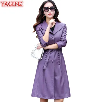 

YAGENZ High-quality Women Leather Windbreaker Jacket Spring Autumn Women's Clothing Large Size Long Section Women Black Coat 597