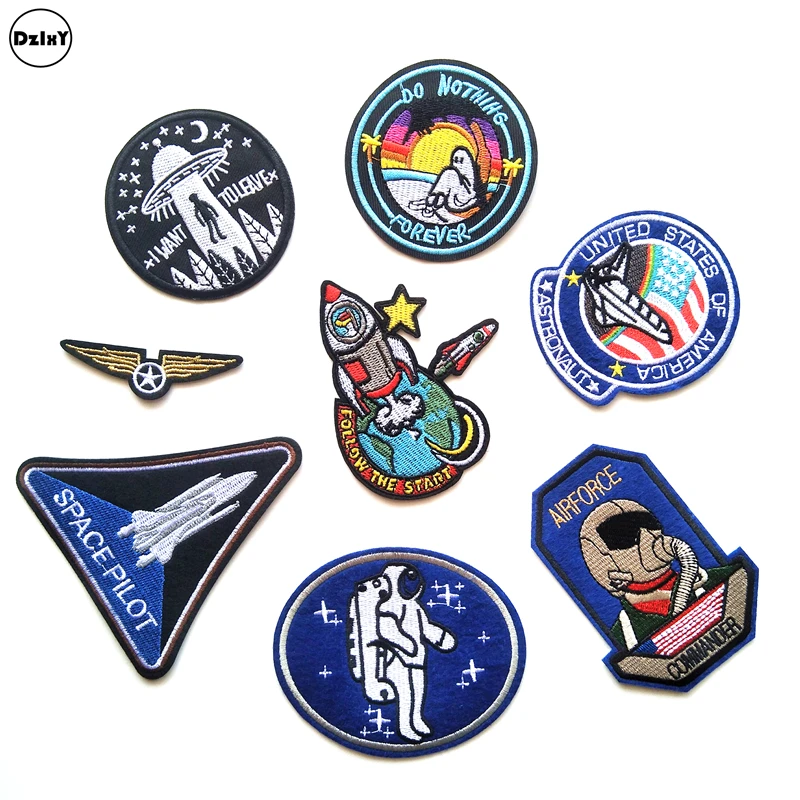 

8 PCS/LOT Space Astronaut Parches Embroidery Iron on Patches for Clothing DIY Stripes Clothes UFO Stickers Planet Appliques @Y0