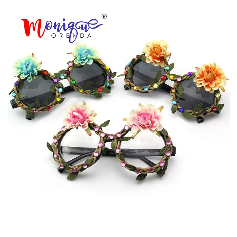 Hawaii Flower Sunglasses Women Round Twig Rhinestone Sun Glasses Summer